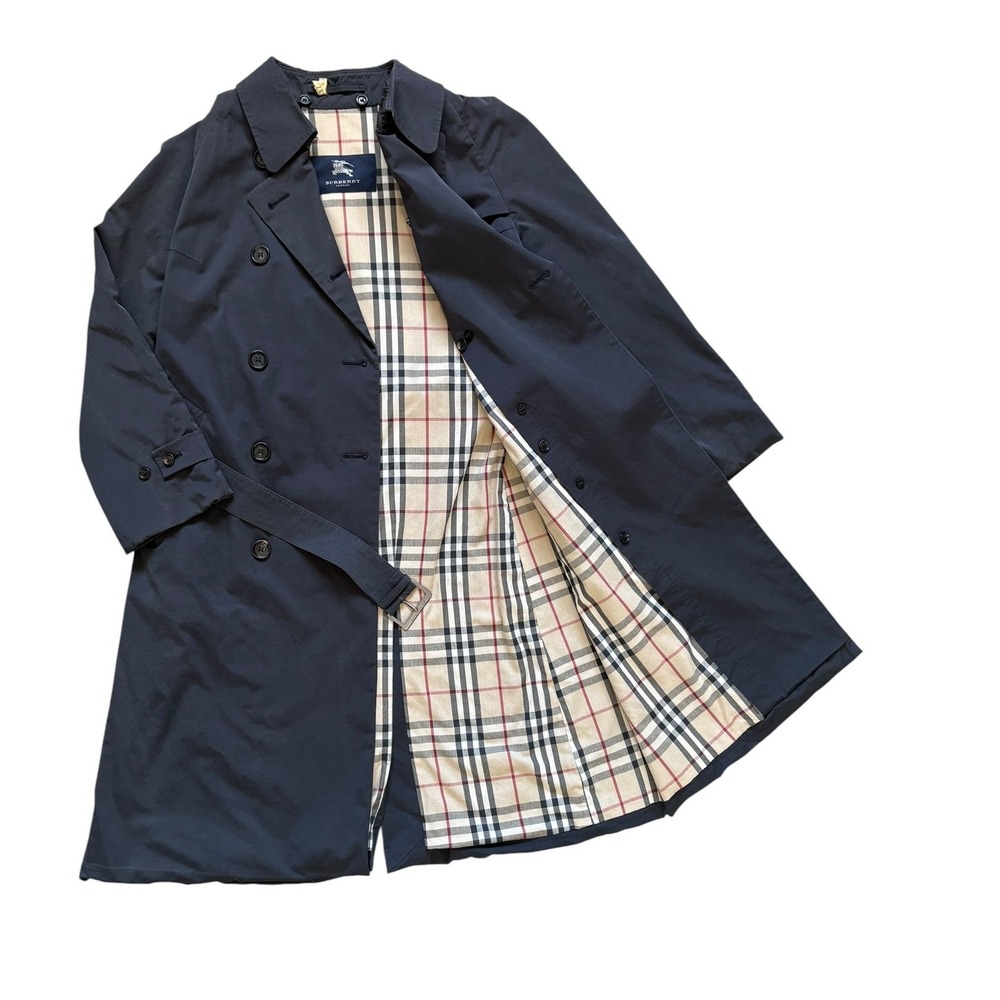 Womens Navy Burberry Trenchcoat Novacheck Belted Luxury Preppy Classic Small